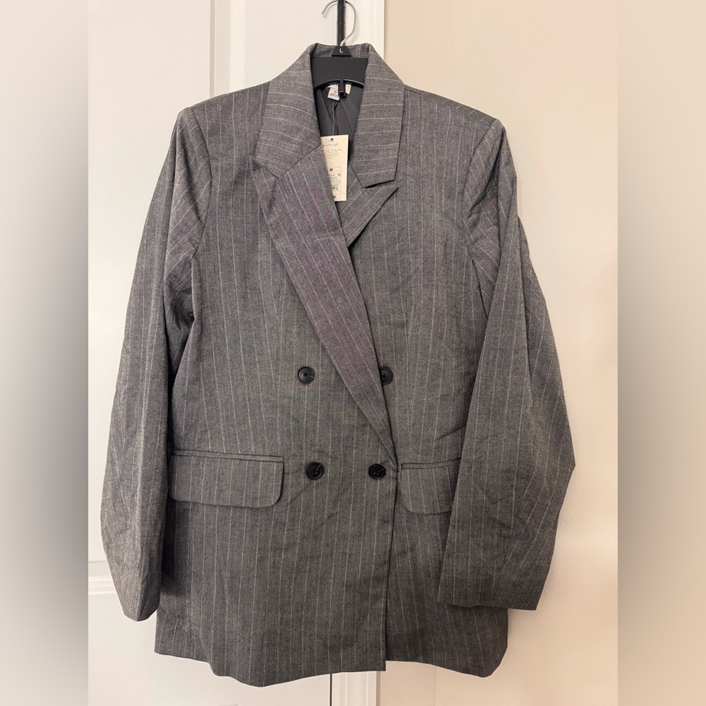 A New Day Oversize Classic Gray Pinstripe Double-Breasted Blazer